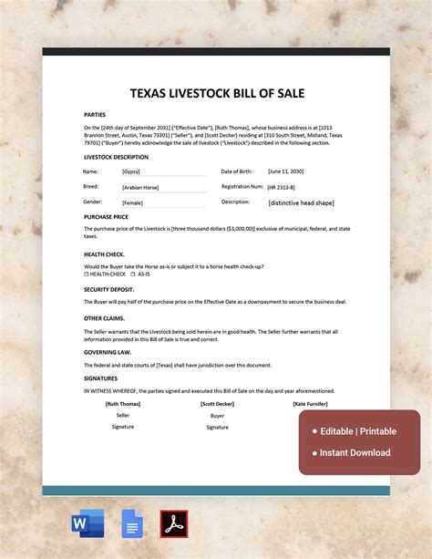 Texas Livestock Bill of Sale Form