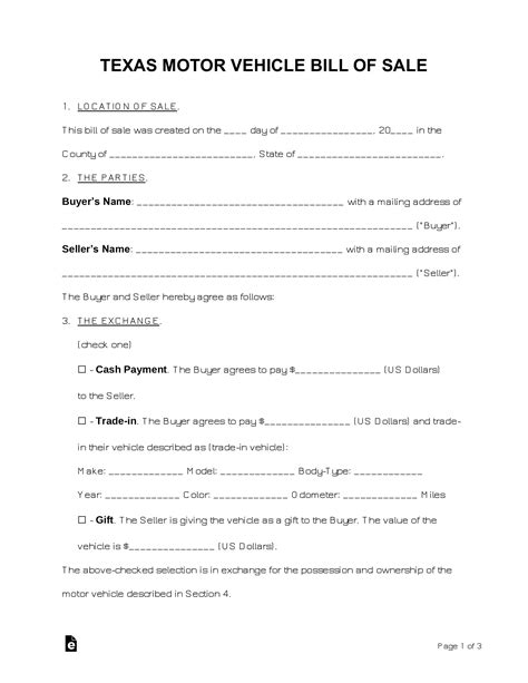 Texas Vehicle Bill of Sale Form