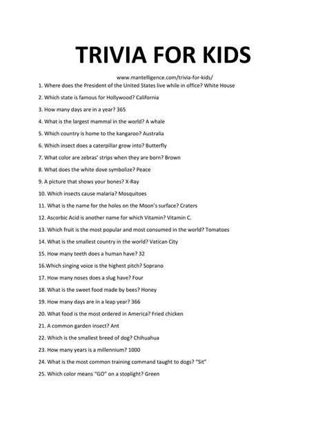 Description of Trivia Questions for Kids