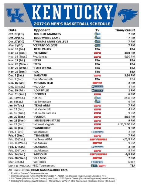 UK Football Schedule Printable