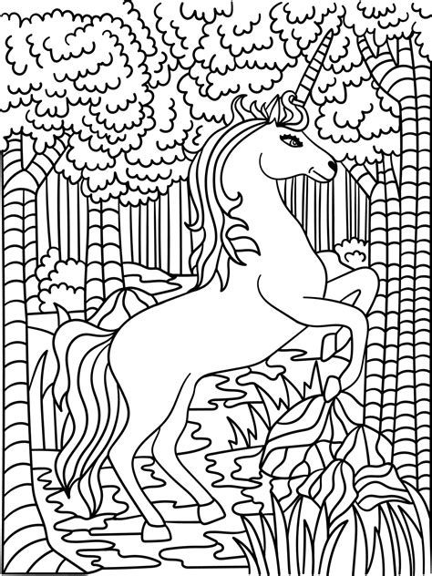 Unicorn forest coloring page