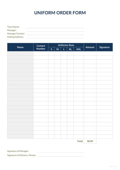 Uniform Clothing Order Form