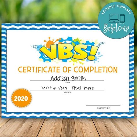 Vacation Bible School certificates