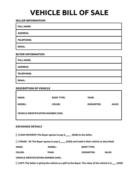 Vehicle Bill of Sale Template