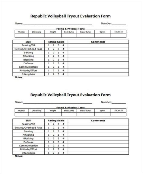 Volleyball Tryout Evaluation Form Example