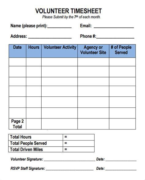 Volunteer time sheet