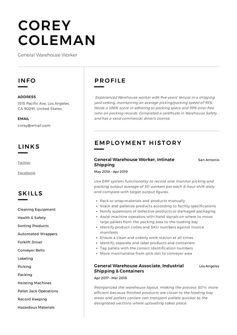 Warehouse Worker Resume Example 4