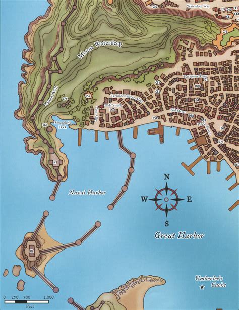 A map of Waterdeep's harbor and sea walls