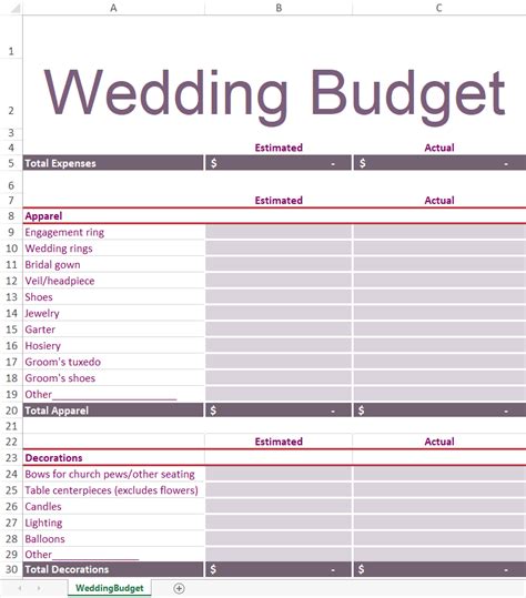 Wedding Budget Template Options