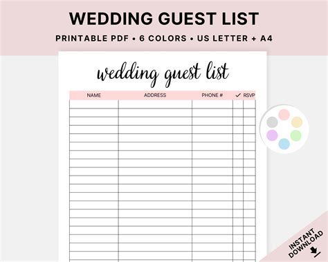 Wedding guest list template example