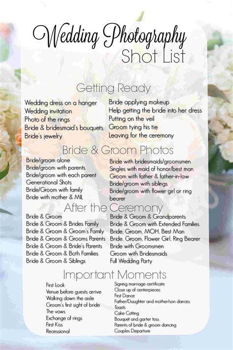 Shot list template for wedding photography