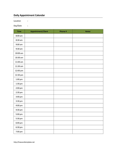 Weekly appointment sheet template