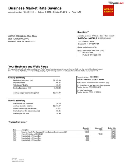 Wells Fargo Bank Statement Template Example