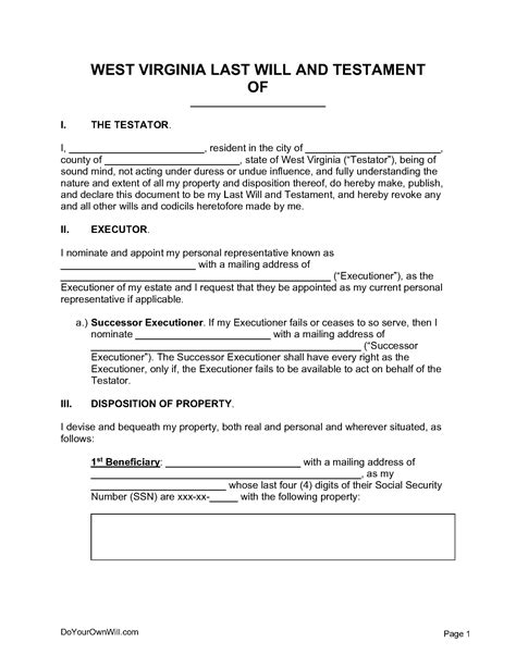 Description of West Virginia Will and Testament Form 6