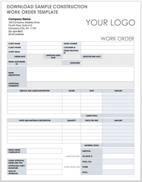 Work order template sample example