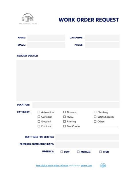 Work order template types example