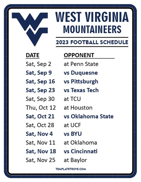 WVU Football Schedule Printable